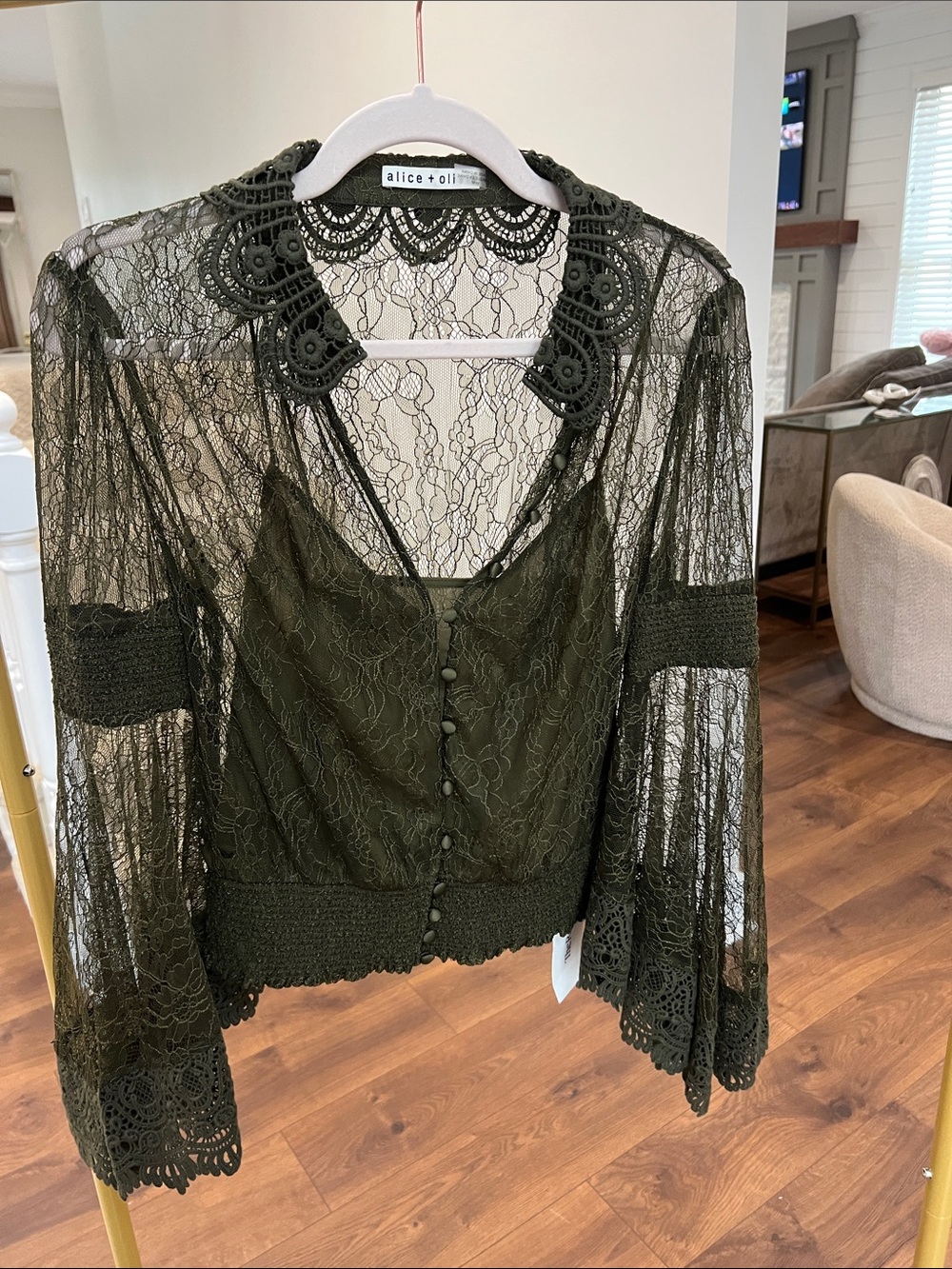 Alice + Olivia Olive Lace Button-Up Sheer Blouse